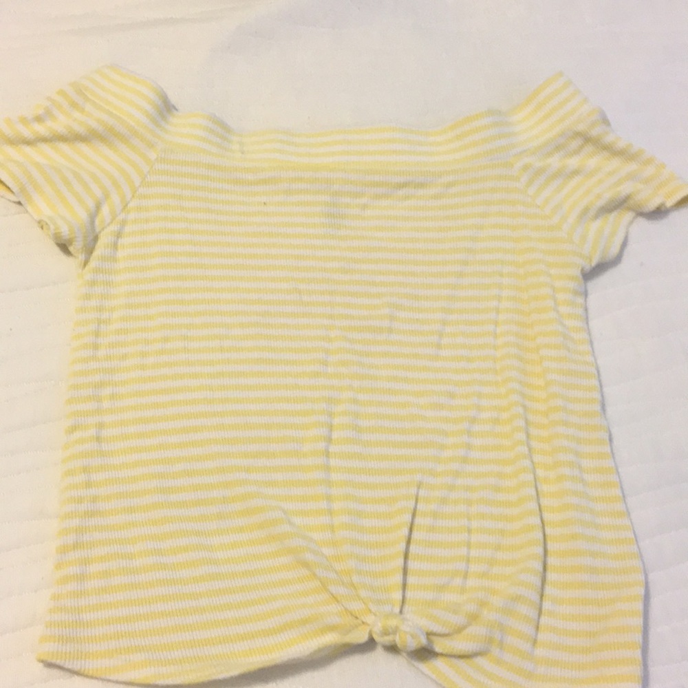 Yellow and white striped off the shoulder top!